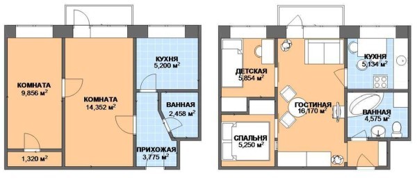 Варианты переделки хрущевок: 1, 2, 3, 4 &mdash; х комнатные, фото до и после