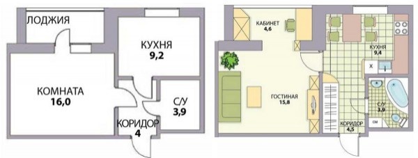 Варианты переделки хрущевок: 1, 2, 3, 4 &mdash; х комнатные, фото до и после