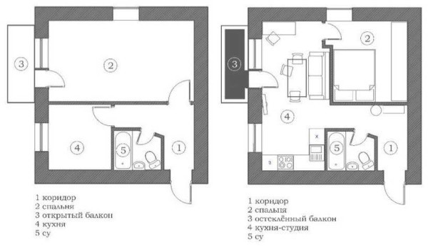 Варианты переделки хрущевок: 1, 2, 3, 4 &mdash; х комнатные, фото до и после